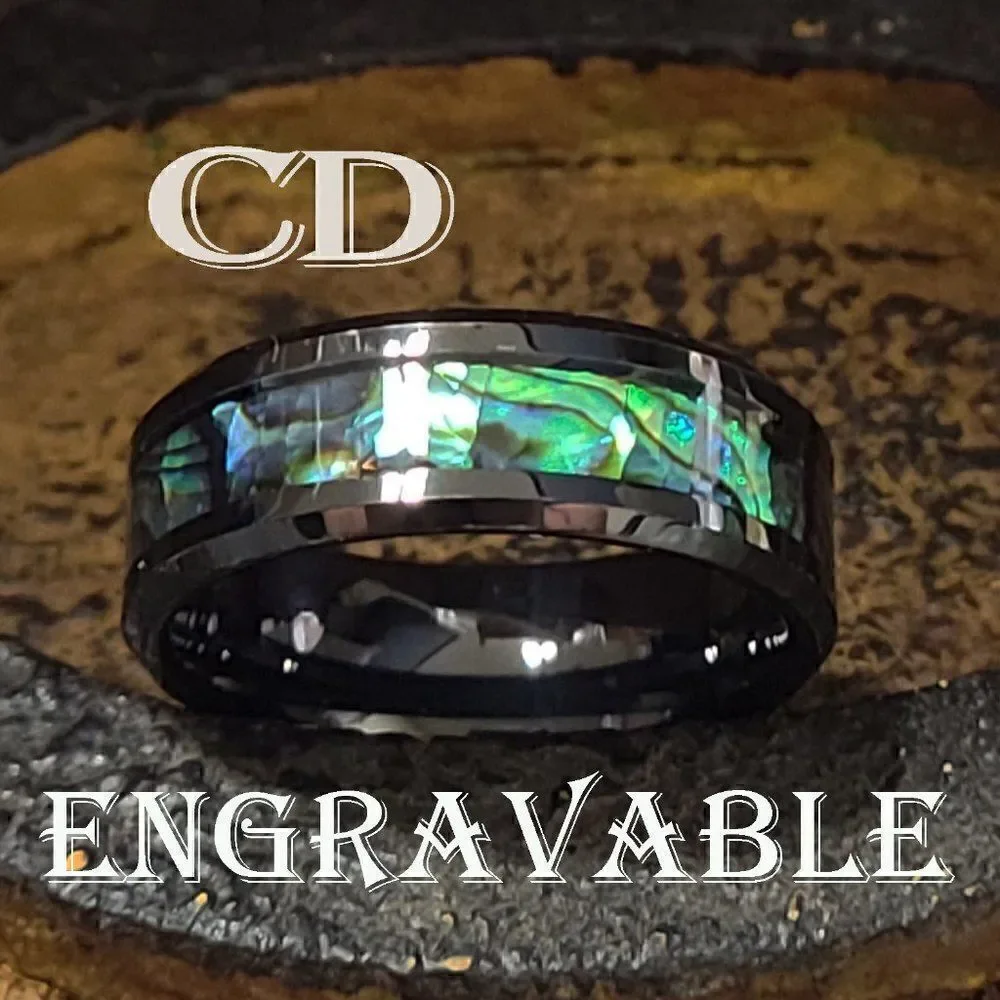 Personalized Engraved Men's Abalone Tungsten Wedding Ring or Promise ring